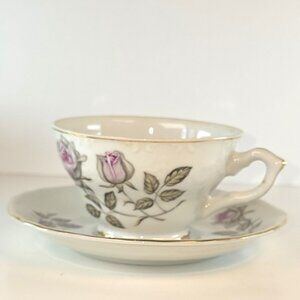 Vintage Fine Japanese TEA CUP & SAUCER ~ White with Pink Roses Painted Gold Trim